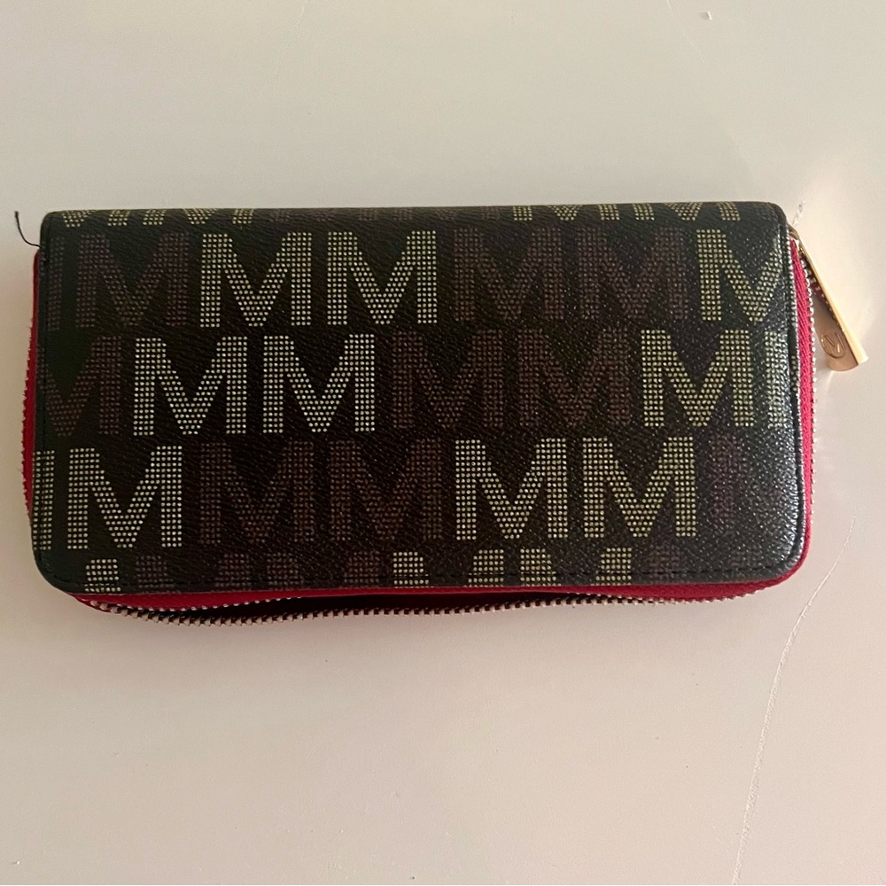 Brown and Red Zip-Around Wallet